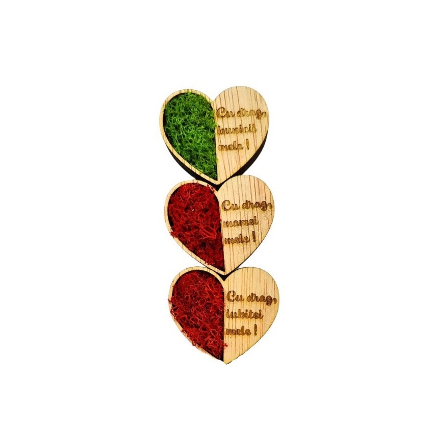 Inima cu licheni si mesaj gravat–Martisor artizanal de lemn cu magnet - imagine 11