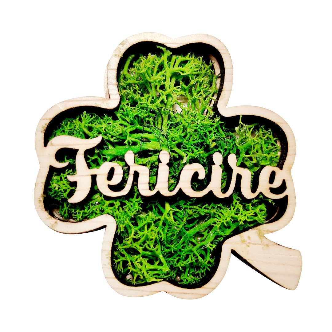Trifoi cu licheni cu mesaj –Martisor artizanal de lemn cu magnet - imagine 6