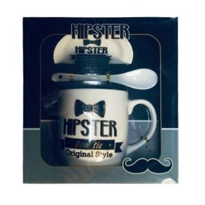 Set cană cu linguriță HIPSTER – ceramică, cadou ideal pentru bărbați