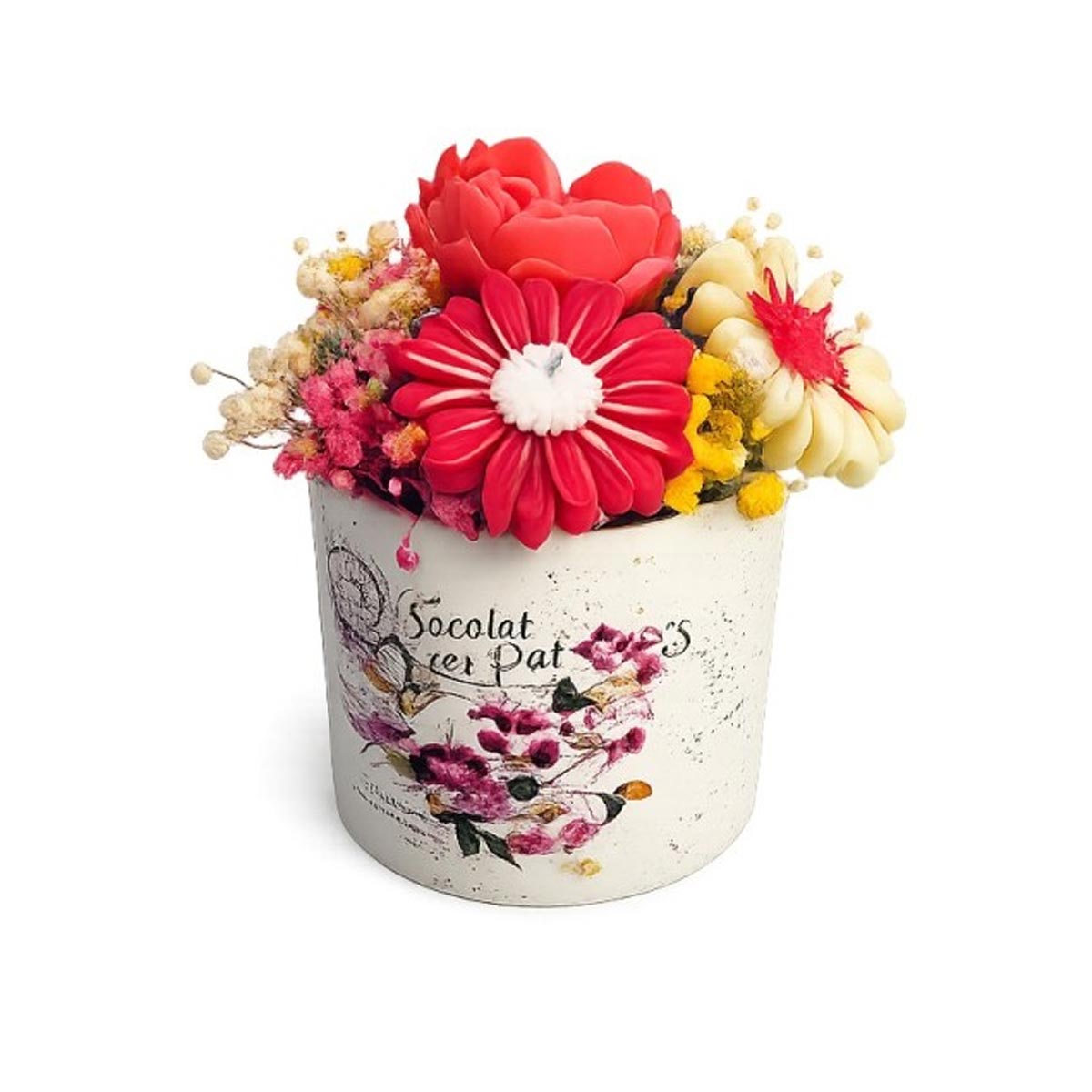 Aranjament decorativ floral în recipient ceramic cu flori din ceară de soia – handmade - imagine 2