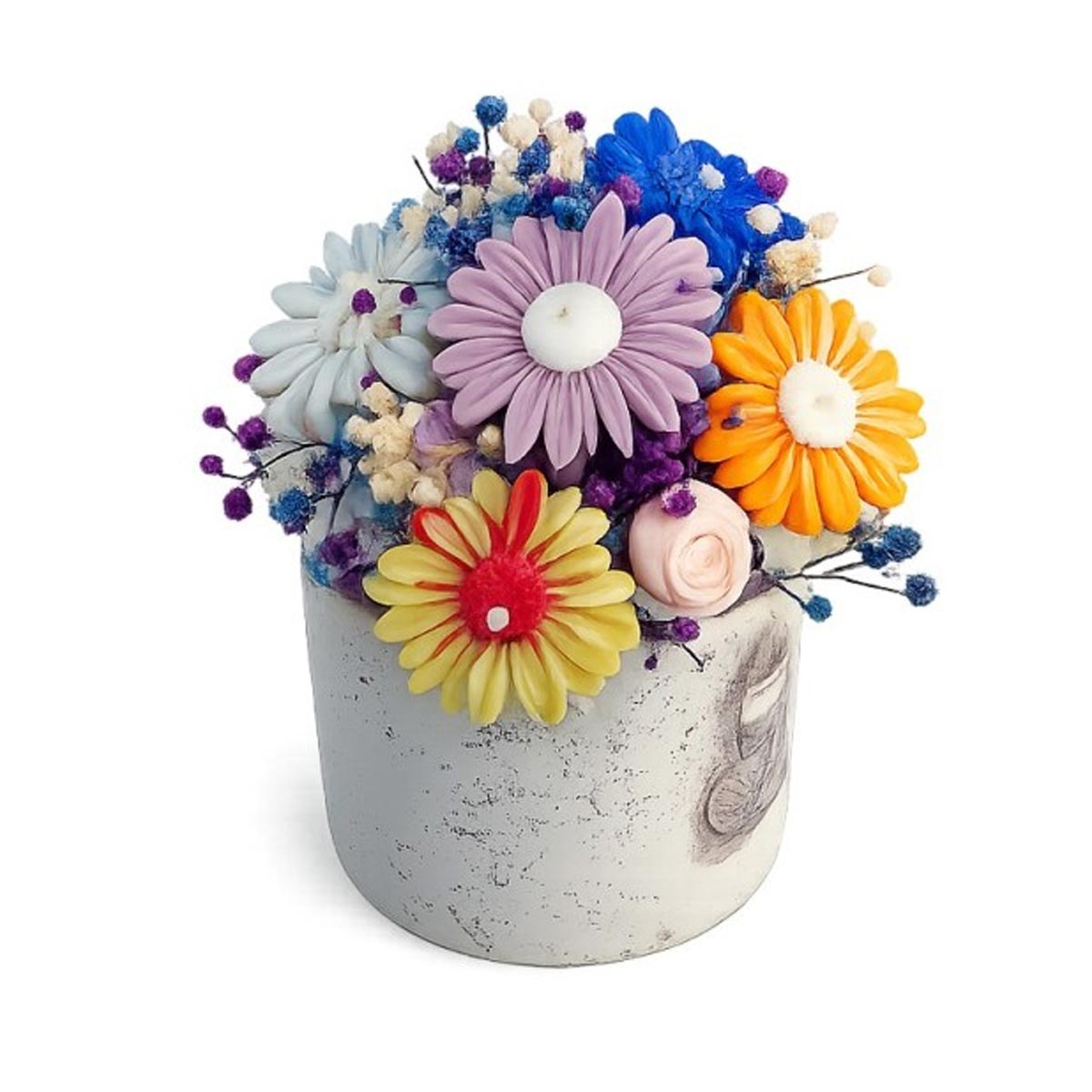 Aranjament decorativ floral în recipient ceramic cu flori din ceară de soia – handmade - imagine 5