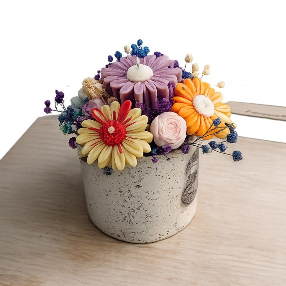 Aranjament decorativ floral în recipient ceramic cu flori din ceară de soia – handmade - imagine 4