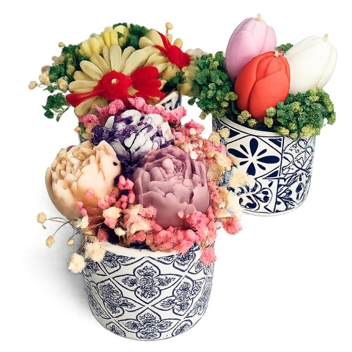Aranjament decorativ în bol ceramic cu flori din ceară de soia – handmade - imagine 4