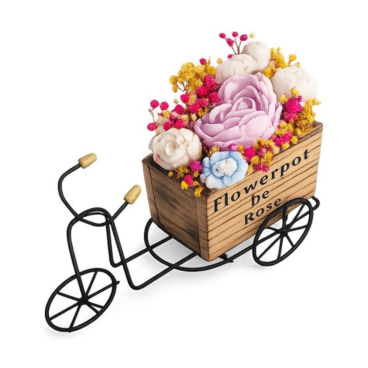 Aranjament floral decorativ din flori din ceară de soia – suport bicicletă