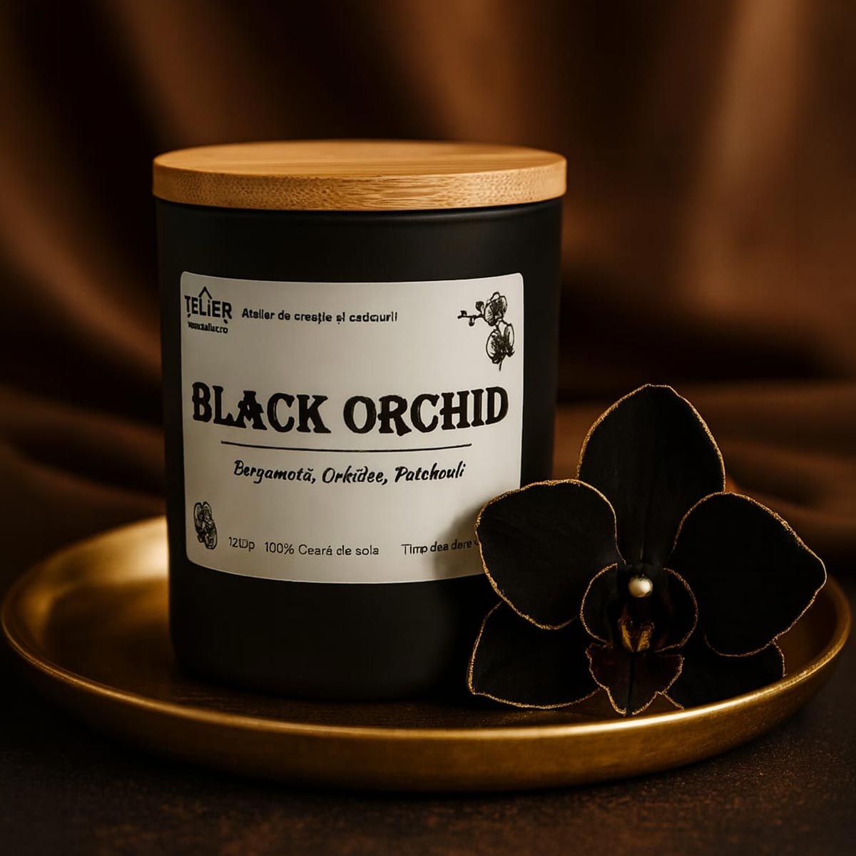 Lumânare parfumată din ceară de soia în borcan cu capac de bambus – Black Pearl Orchid Telier - imagine 2
