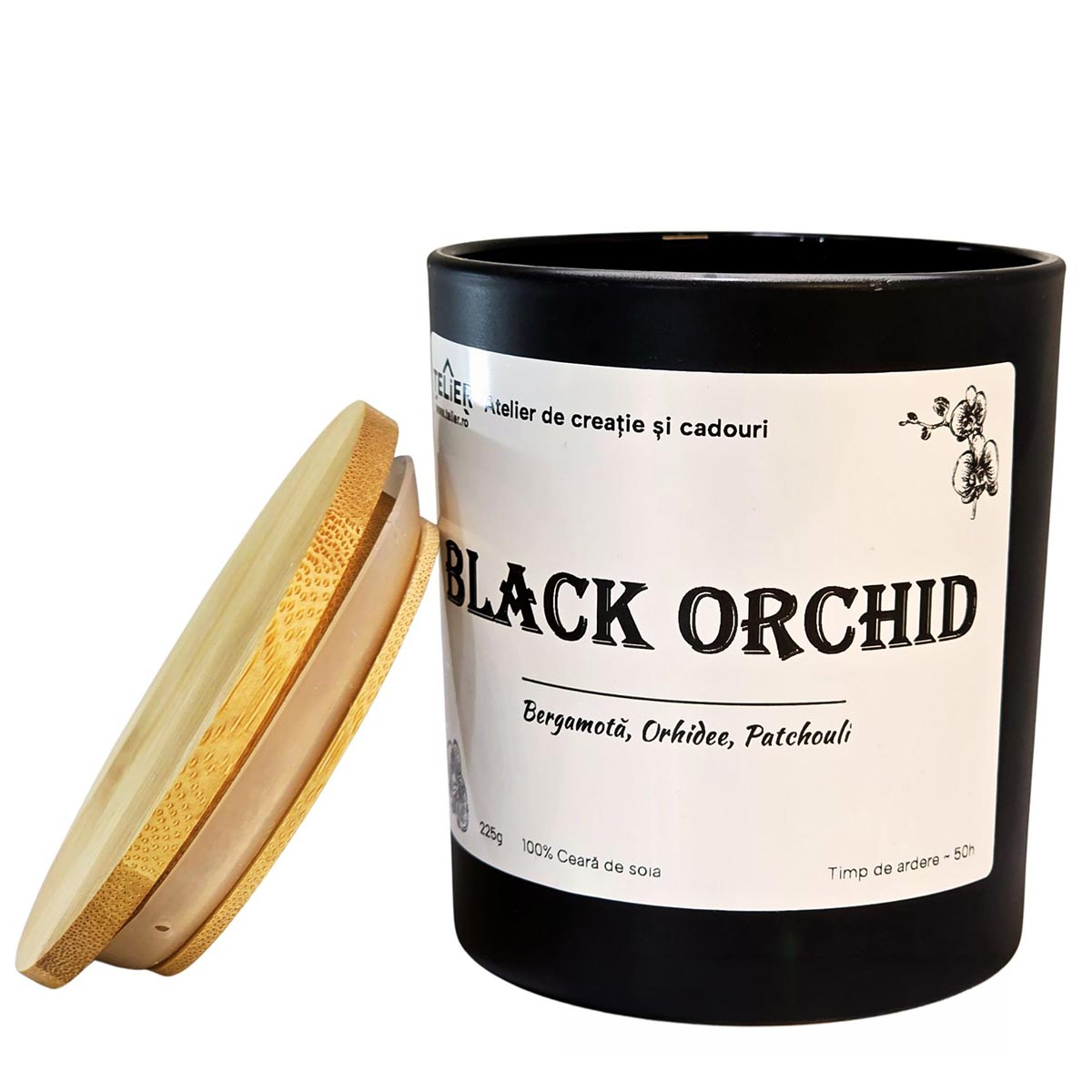 Lumânare parfumată din ceară de soia în borcan cu capac de bambus – Black Pearl Orchid Telier - imagine 5