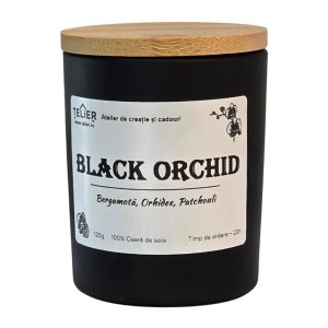 Lumânare parfumată din ceară de soia în borcan cu capac de bambus – Black Pearl Orchid Telier