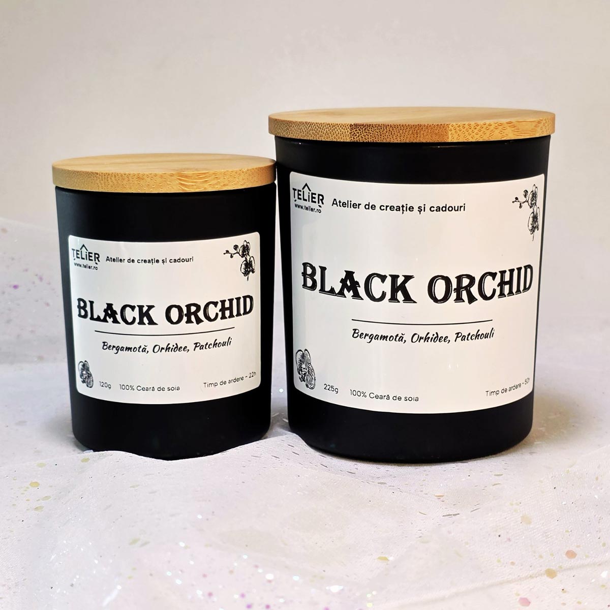 Lumânare parfumată din ceară de soia în borcan cu capac de bambus – Black Pearl Orchid Telier - imagine 4
