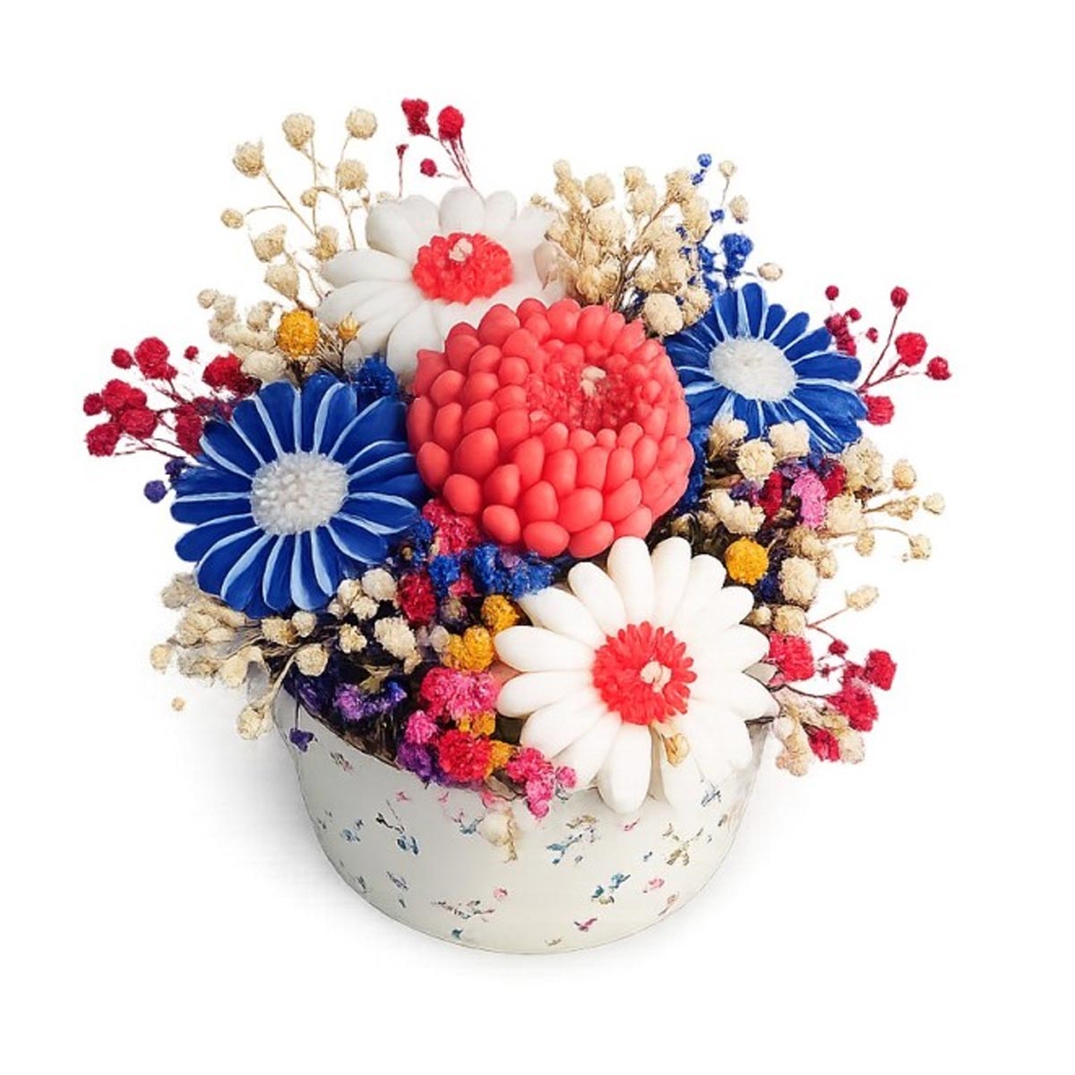 Compoziție decorativă florală în bol cu flori din ceară de soia – handmade - imagine 2