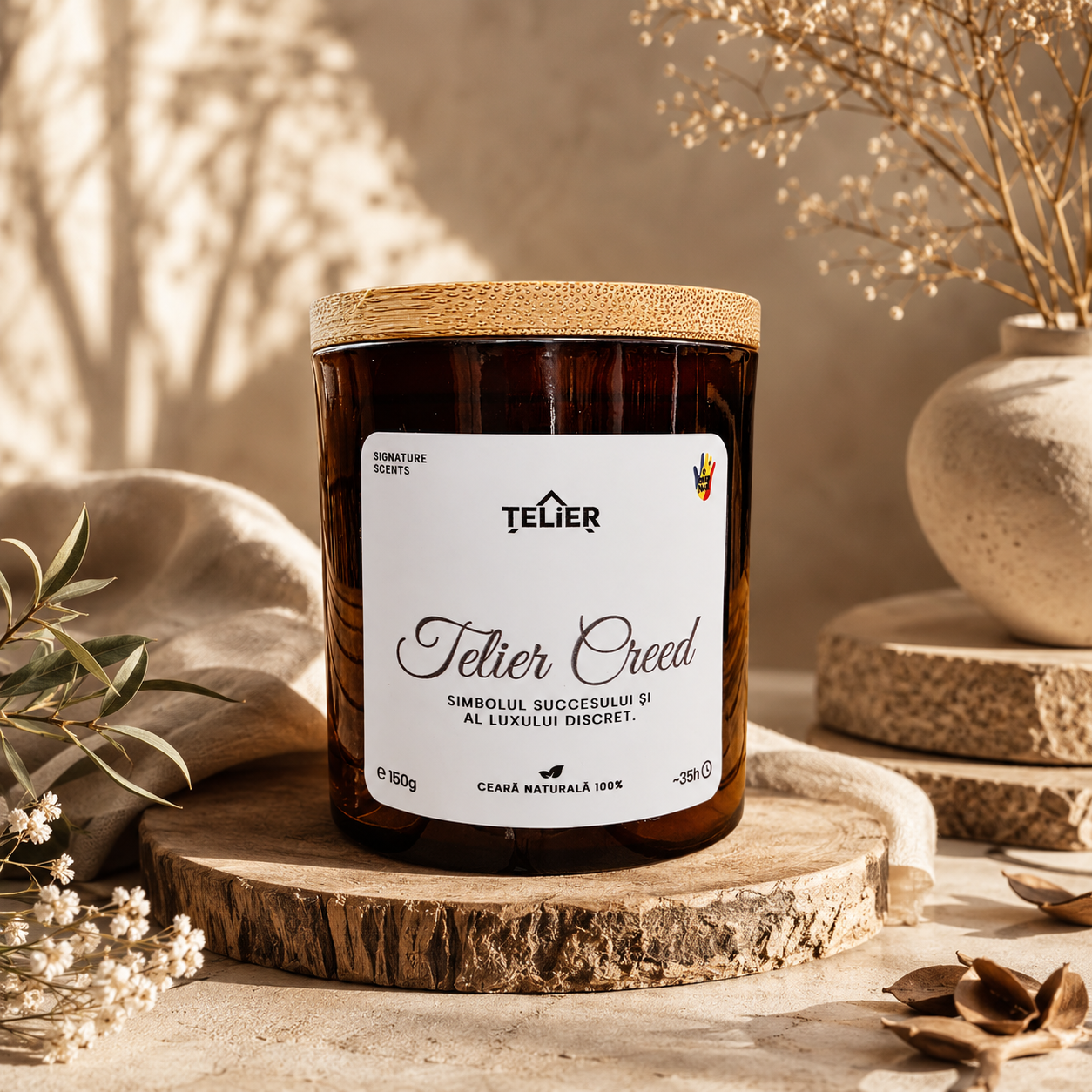 Lumânare parfumată Telier Creedai, aromă masculină fresh-lemnoasă, în recipient negru premium